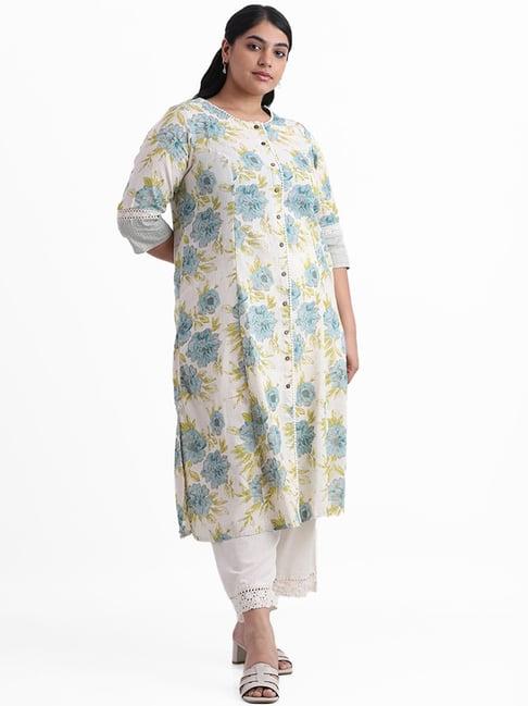 diza by westside lime & teal printed flower slim fit butta kurta