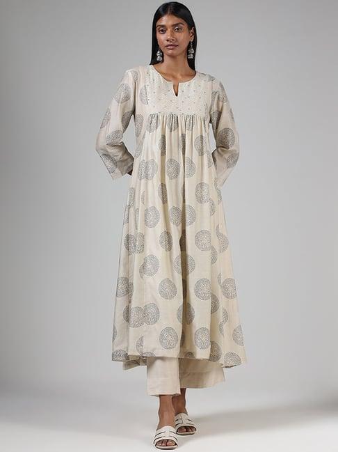 zuba by westside beige hand embroidered umbrella kurta with camisole