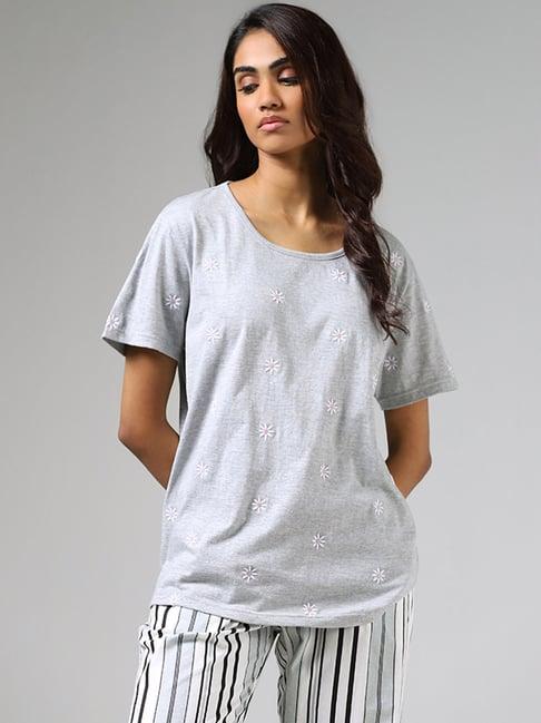 wunderlove by westside grey melange stumpwork embroidered t-shirt