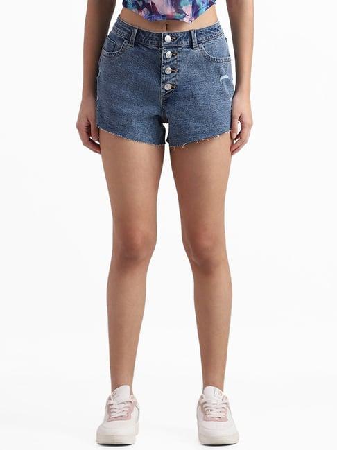 nuon by westside mid blue slim fit distressed denim shorts