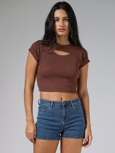 nuon by westside brown cut-out crop top