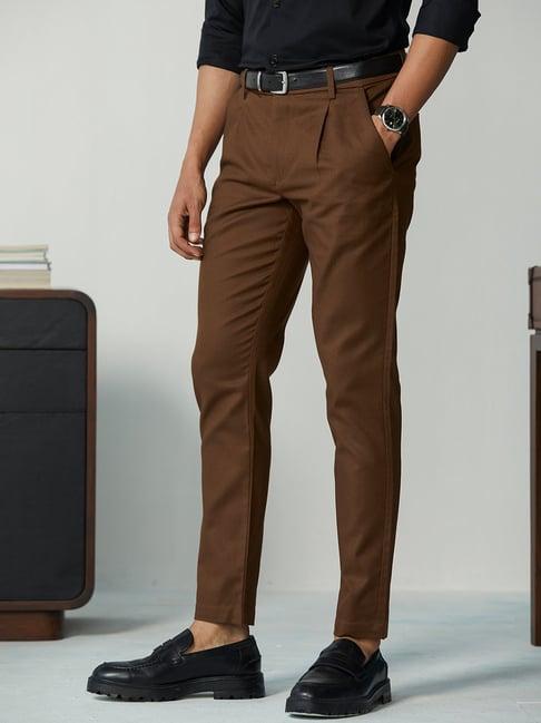 andamen brown regular fit textured pleated trousers