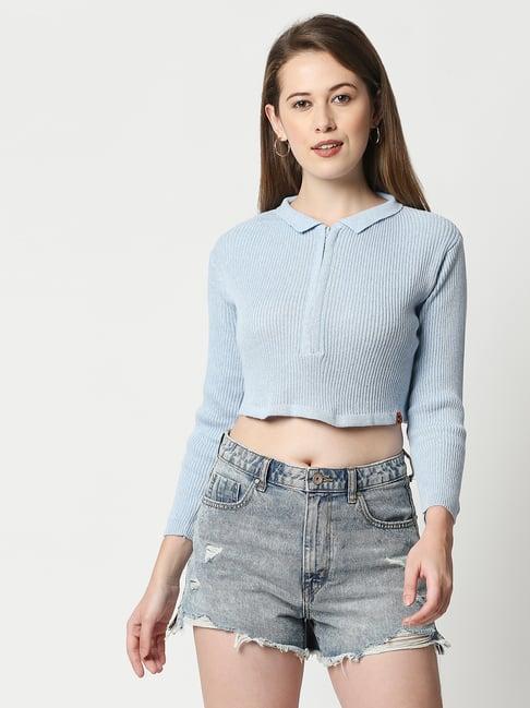 blamblack sky blue regular fit crop t-shirt