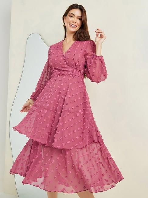 styli pink self pattern a-line dress