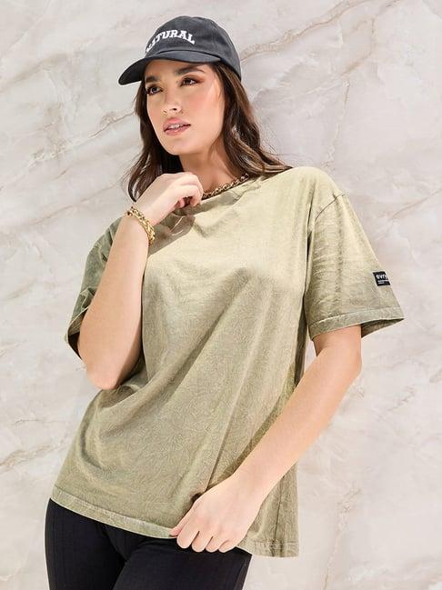 styli khaki cotton printed oversized t-shirt