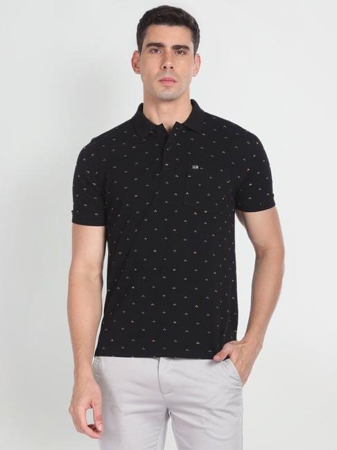 arrow sport black cotton regular fit printed polo t-shirt