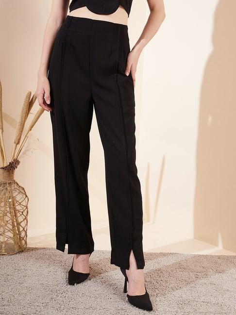 magre black regular fit mid rise trousers