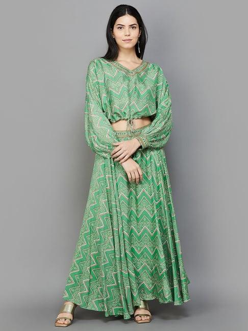 melange by lifestyle green printed top skirt set