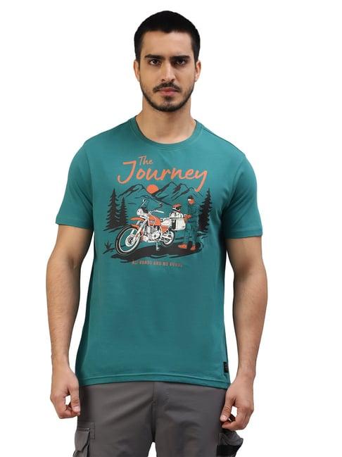 royal enfield mountain trail teal regular fit printed crew t-shirt