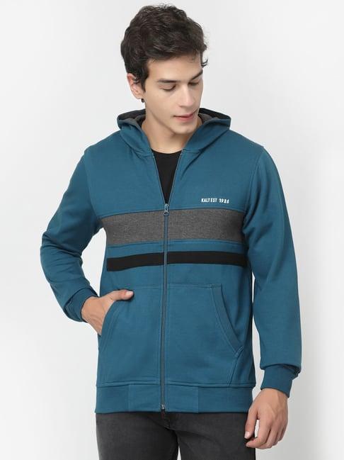 kalt teal regular fit striped hooded sweatshirt