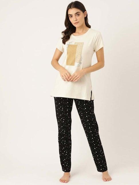 sweet dreams cream & black cotton graphic print t-shirt pyjama set