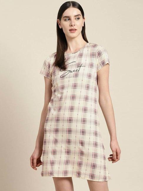 sweet dreams off-white & mauve cotton chequered short nighty