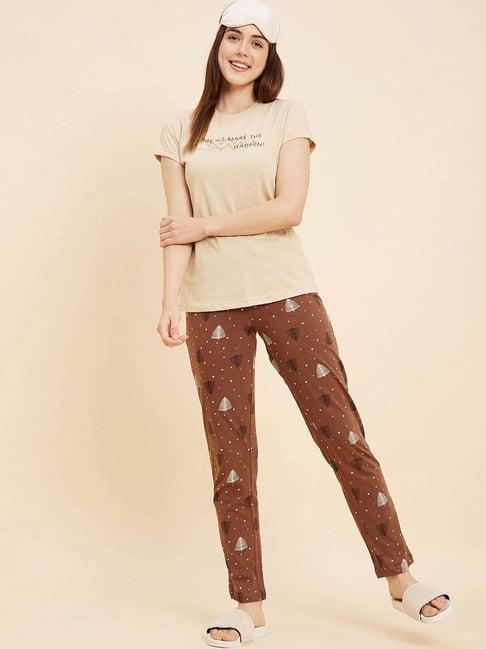 sweet dreams beige & brown cotton printed t-shirt pyjama set