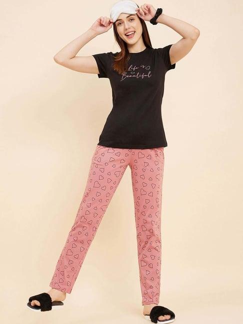 sweet dreams black & pink cotton printed t-shirt pyjama set