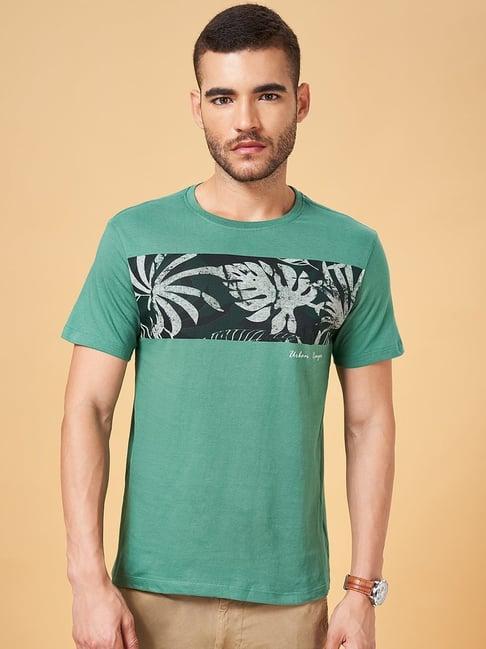 urban ranger by pantaloons green cotton slim fit printed t-shirt