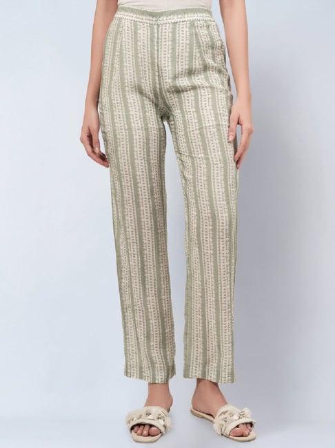 first resort by ramola bachchan sage green & ecru stripe pants