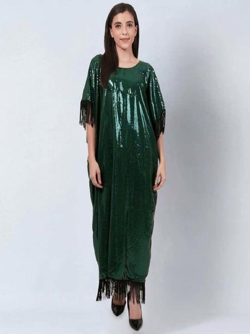 first resort by ramola bachchan green sequin full length kaftan with fringe detail