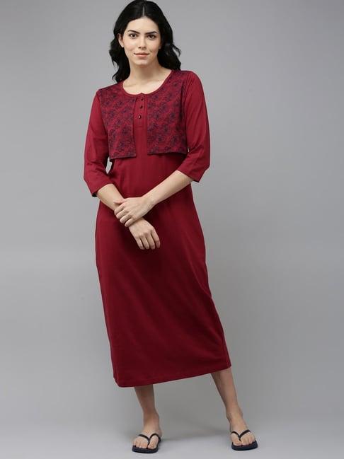 kryptic maroon cotton floral print nighty