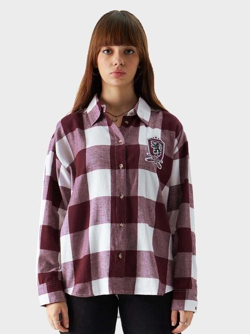 the souled store maroon & white cotton chequered shirt