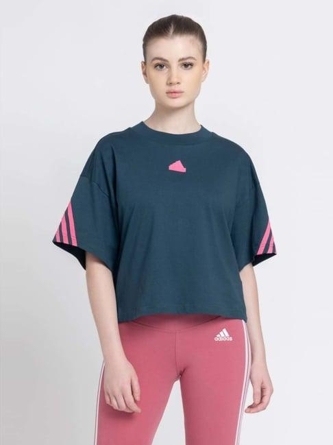 adidas teal blue cotton striped t-shirt