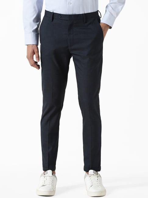 wes formals by westside checked navy blue carrot fit trousers