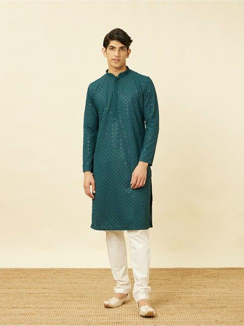 manyavar blue regular fit chikankari kurta bottom set