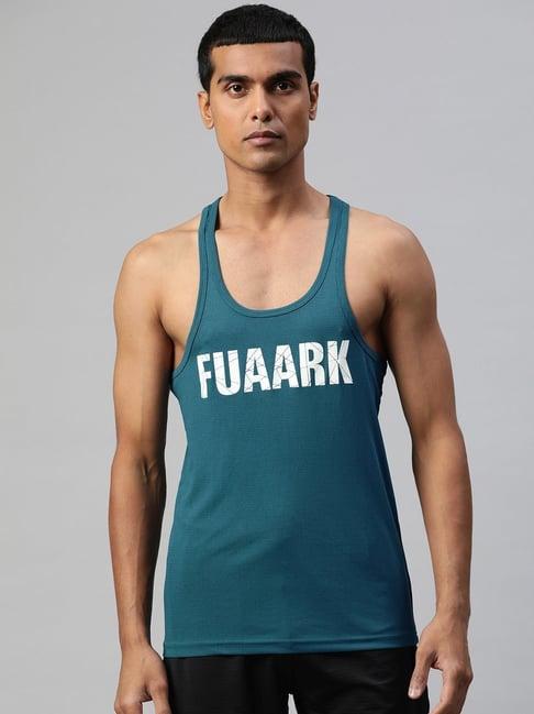 fuaark teal regular fit printed gym vests