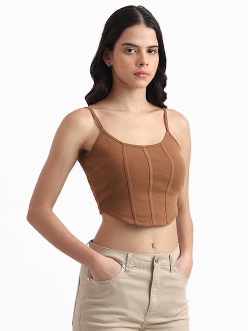 nuon by westside tobacco brown slim fit crop top