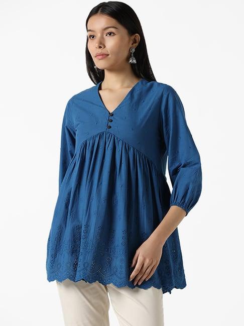 utsa by westside indigo chikankari embroidery yoke kalidar tunic