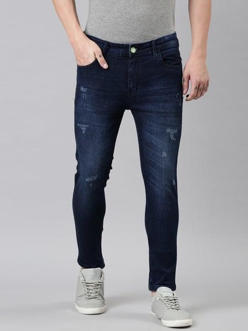 cinocci royal blue cotton slim fit distressed jeans