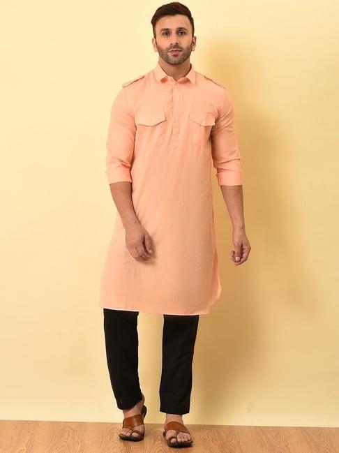 hangup peach & black regular fit pathani kurta & pyjamas set