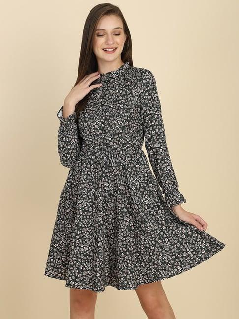 tior black floral print fit & flare dress