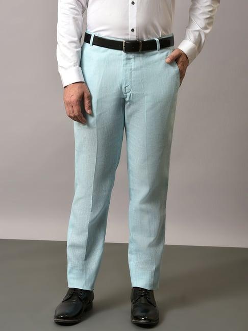 hangup aqua blue regular fit flat front trousers