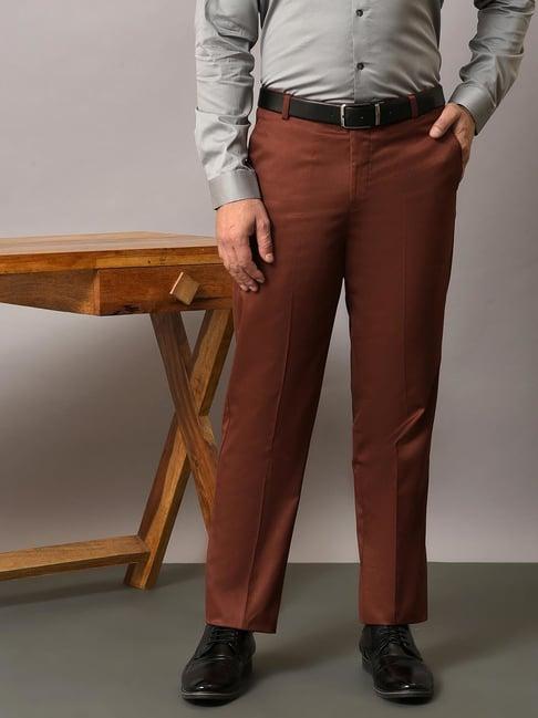 hangup brown regular fit flat front trousers