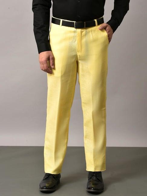 hangup lemon yellow regular fit flat front trousers