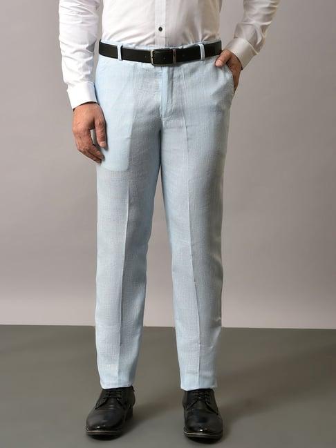 hangup sky blue regular fit flat front trousers