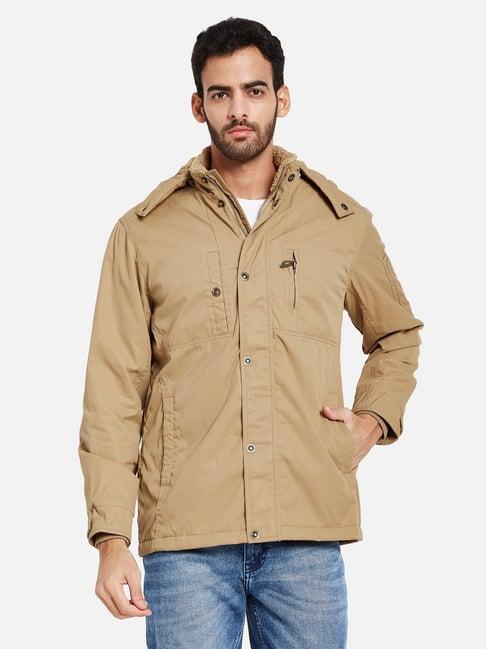 mettle khaki cotton regular fit hooded jacket