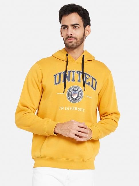 octave yellow regular fit printed hooded sweatshirt