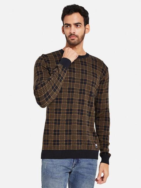 mettle brown cotton regular fit checks sweater