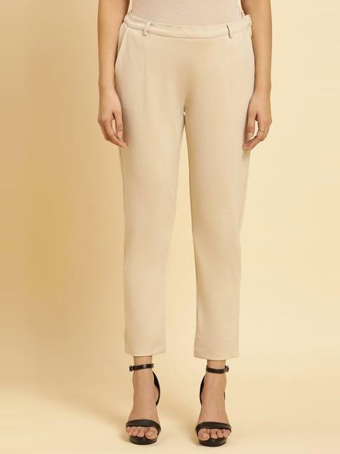 w beige plain slim fit pants