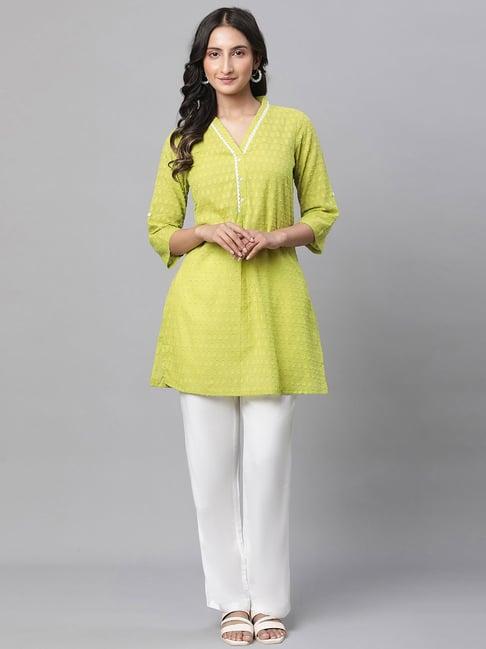 aurelia green cotton woven pattern straight kurti