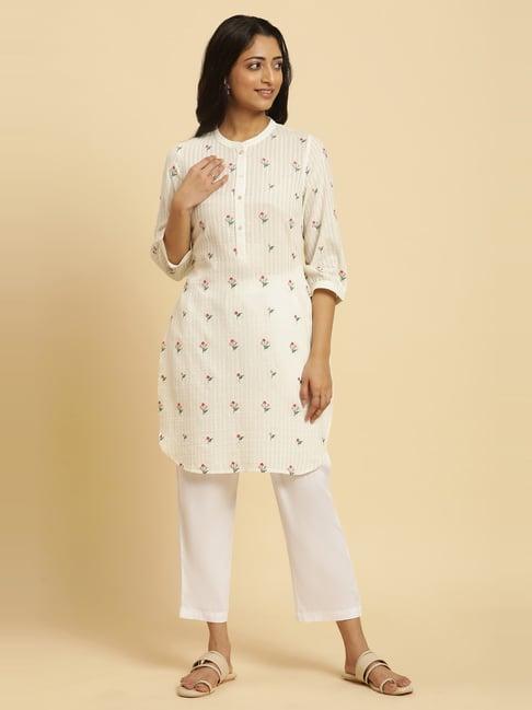 w off-white cotton embroidered straight kurti