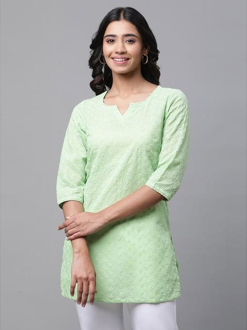 aurelia green embroidered straight short kurti