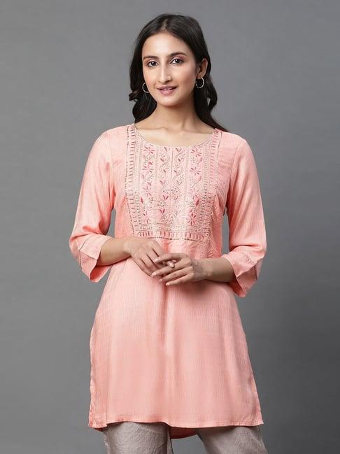 aurelia peach embroidered straight kurti