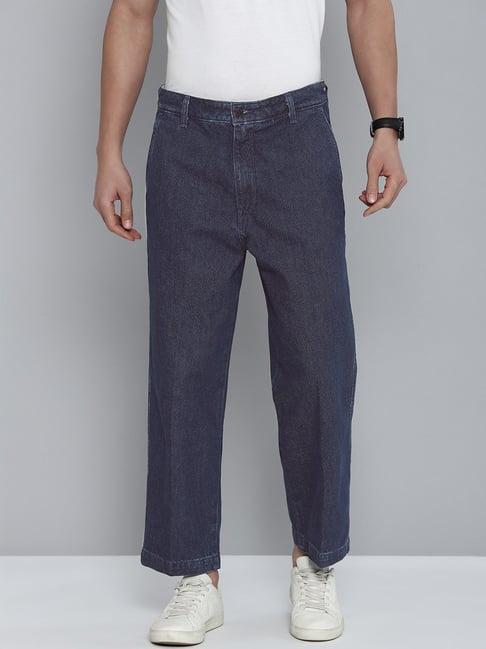 levi's blue cotton straight fit self pattern trousers