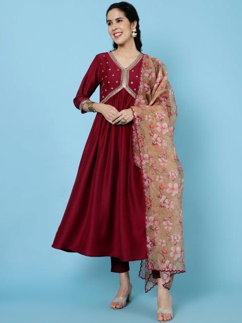 jaipur kurti maroon embroidered kurta with dupatta