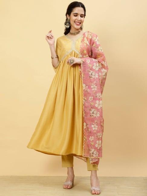 jaipur kurti yellow embroidered kurta with dupatta