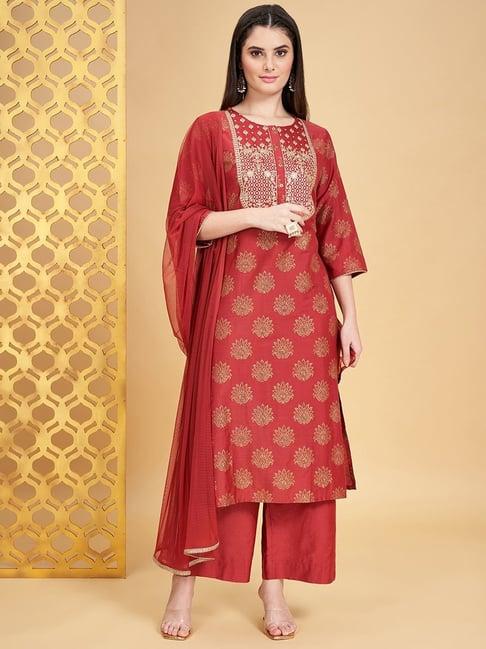 rangmanch by pantaloons rust embroidered kurta palazzo set with dupatta