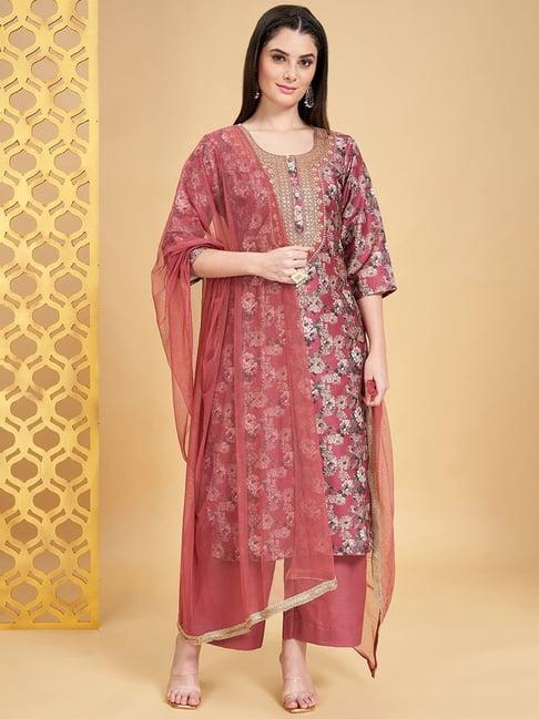 rangmanch by pantaloons rust embroidered kurta palazzo set with dupatta