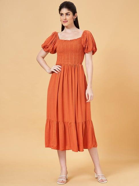 honey by pantaloons orange self pattern a-line dress